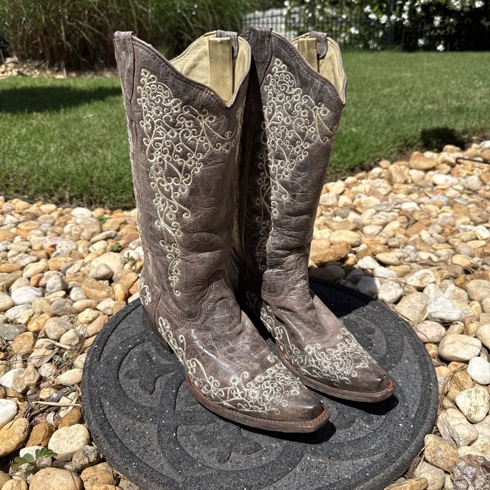 Corral Vintage Womens Brown Crater Bone Embroidery Cowboy Boots Size 9.5 M A1094